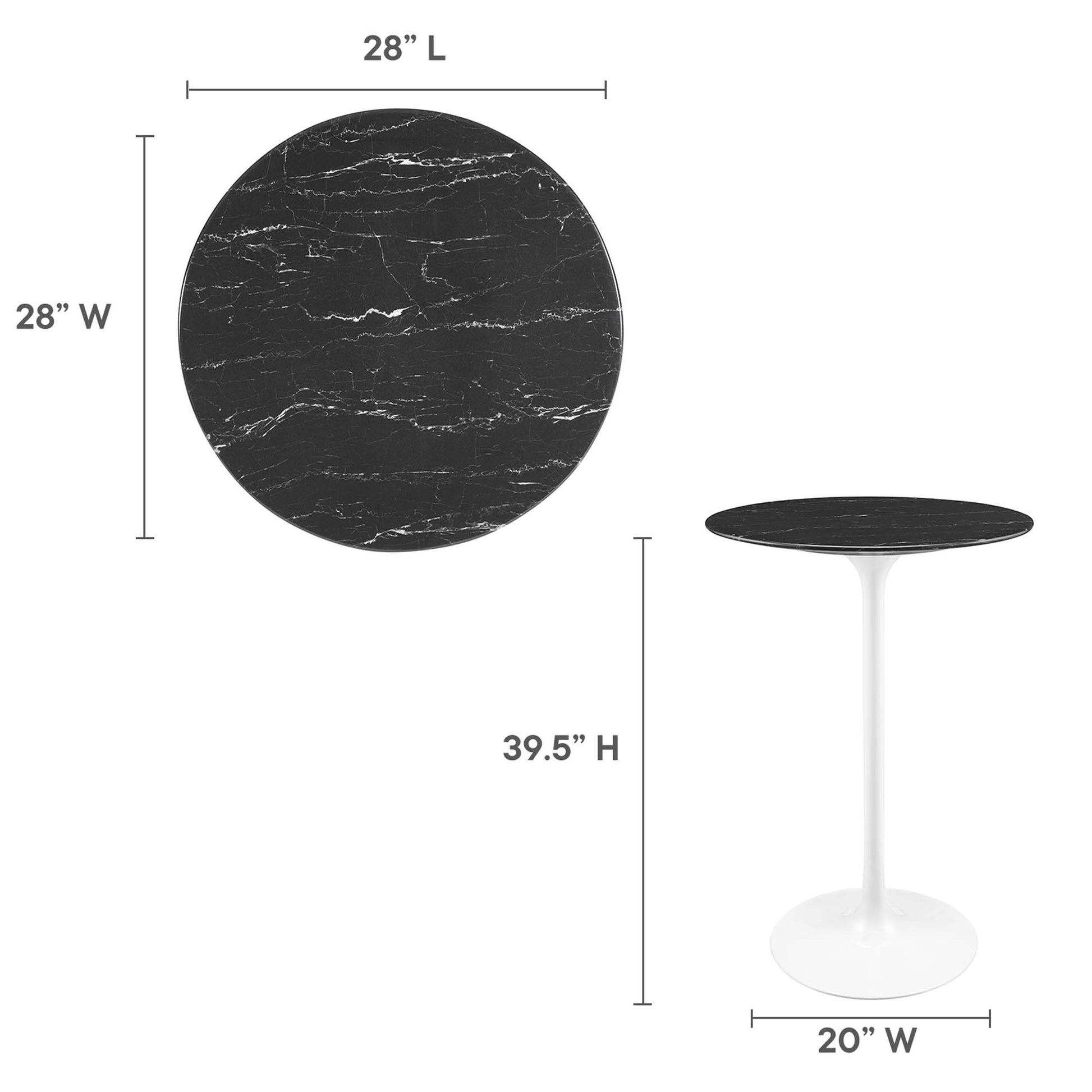 Round faux marble top on white pedestal base; 28in diameter, 39.5in tall, 20in base width.