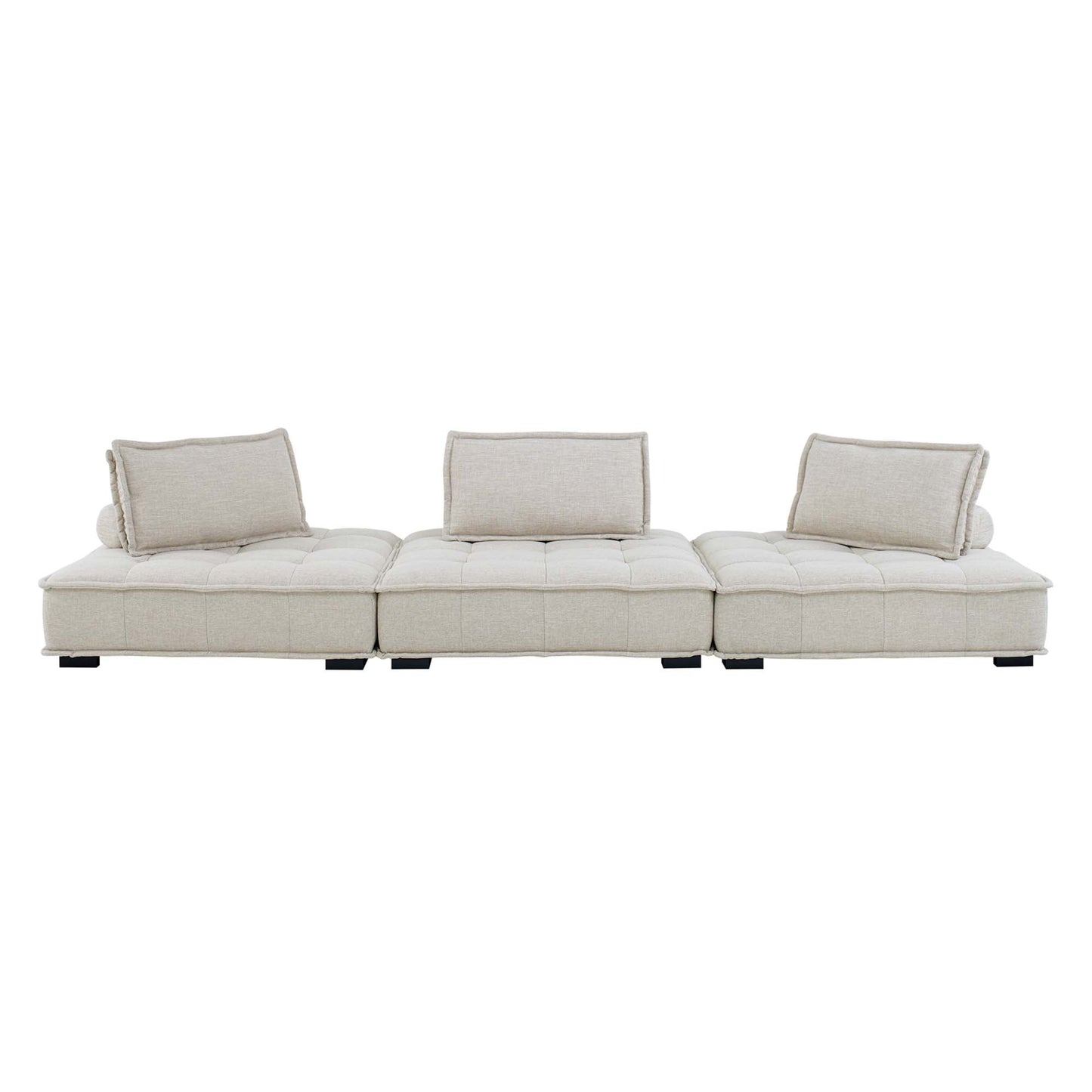 Beige tufted 3-piece modular sectional sofa with back cushions and low black feet.