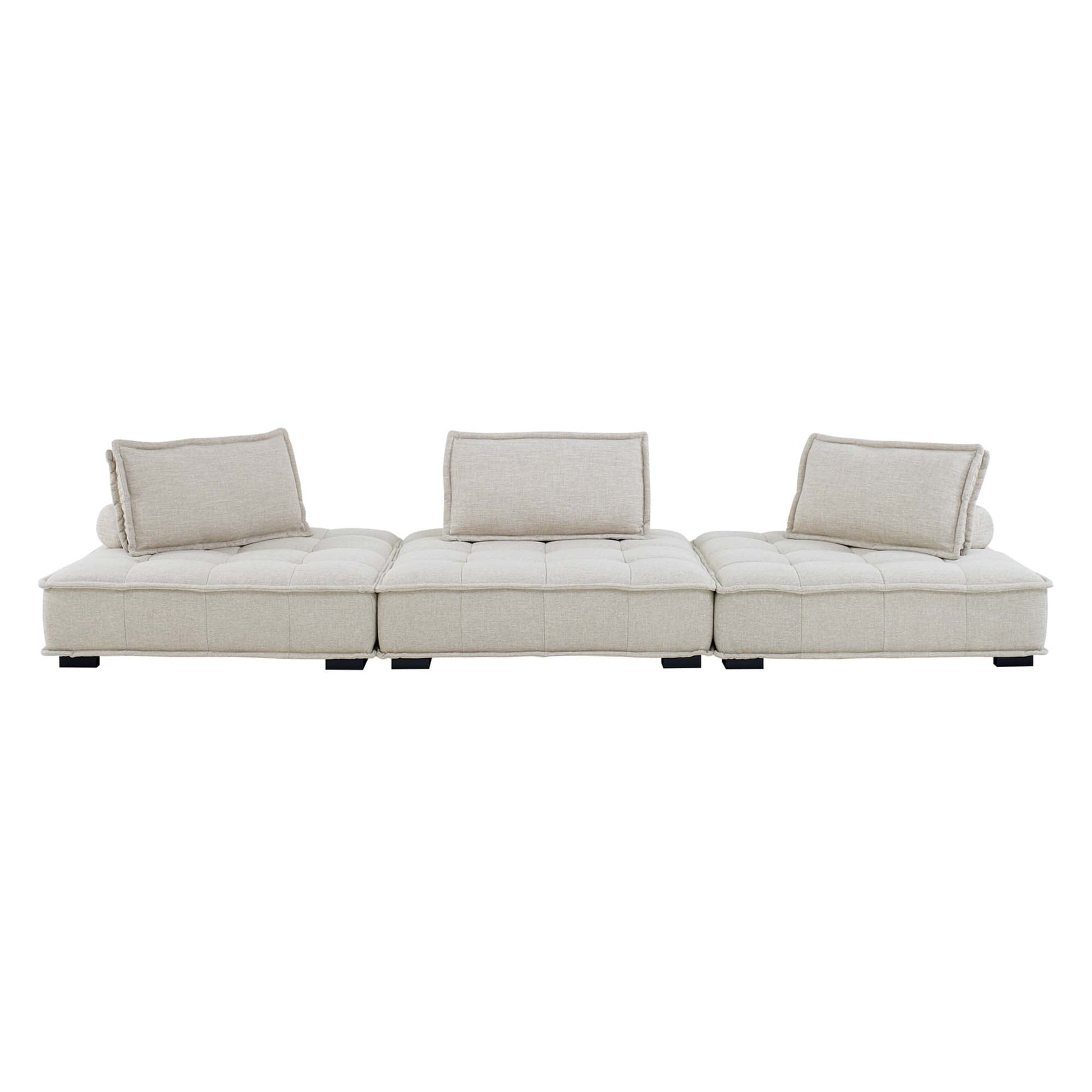 Beige tufted 3-piece modular sectional sofa with back cushions and low black feet.