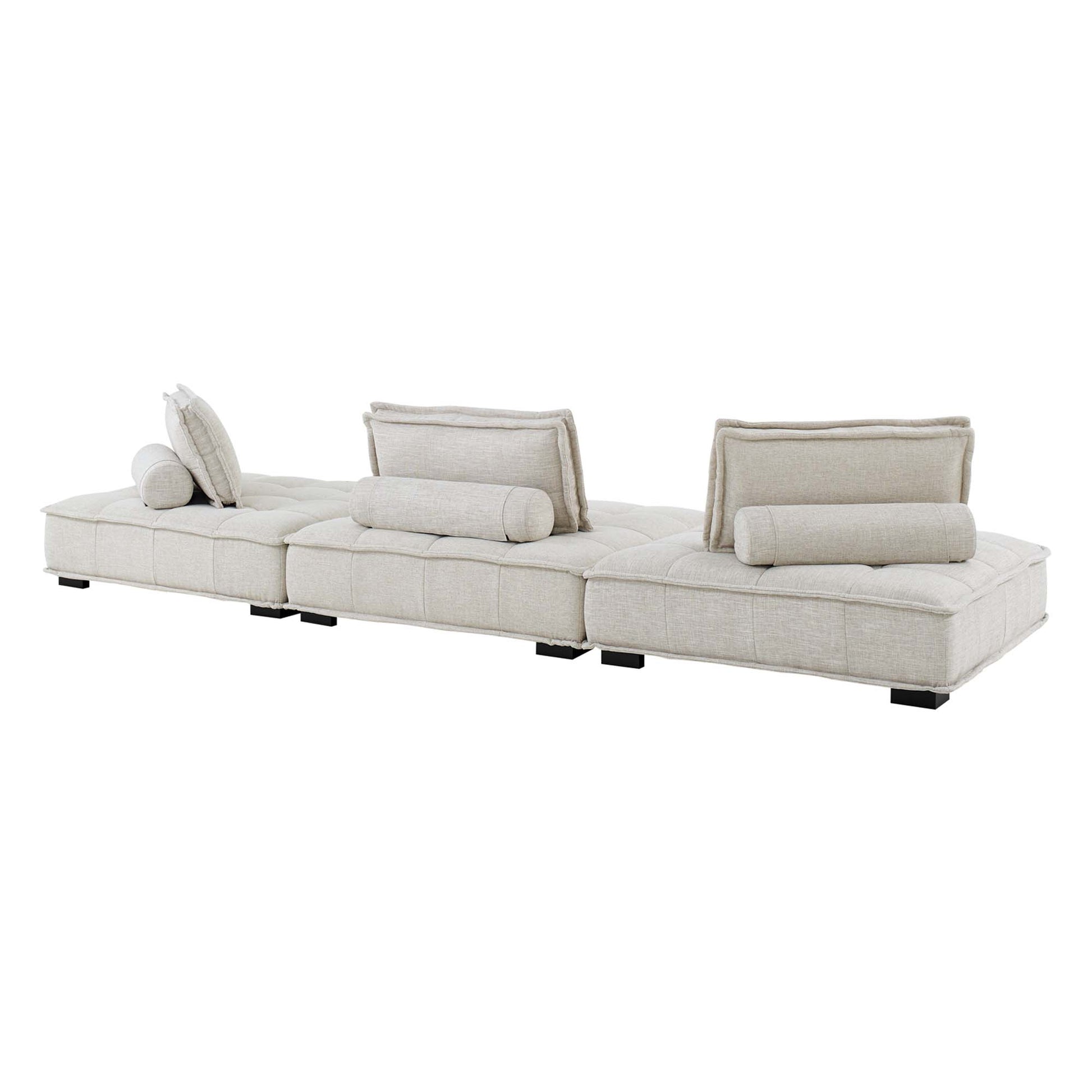 Brown fabric 3-piece modular sectional sofa with tufted cushions and low-profile design.