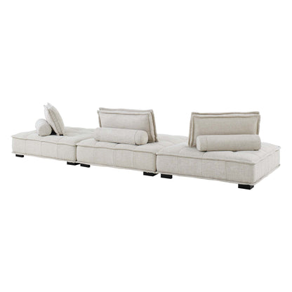 Brown fabric 3-piece modular sectional sofa with tufted cushions and low-profile design.