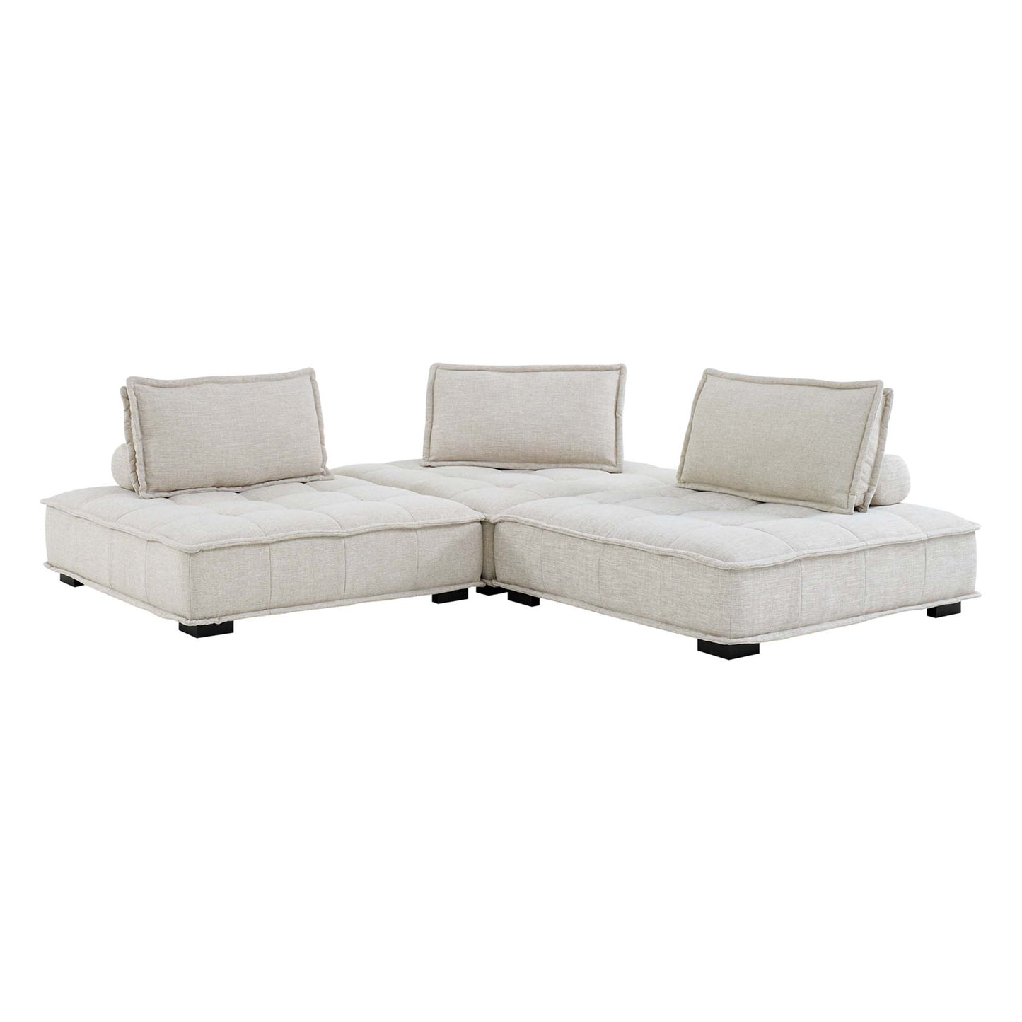 Brown fabric modular L-shaped sectional sofa with tufted cushions and low black legs.