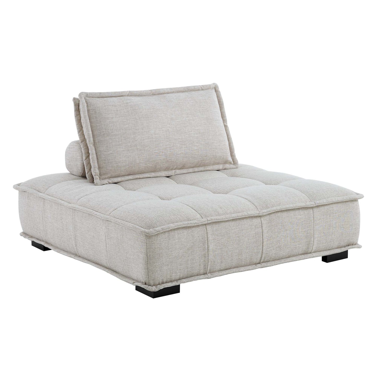 Beige tufted fabric sectional sofa with back cushions, low-profile base and black feet.