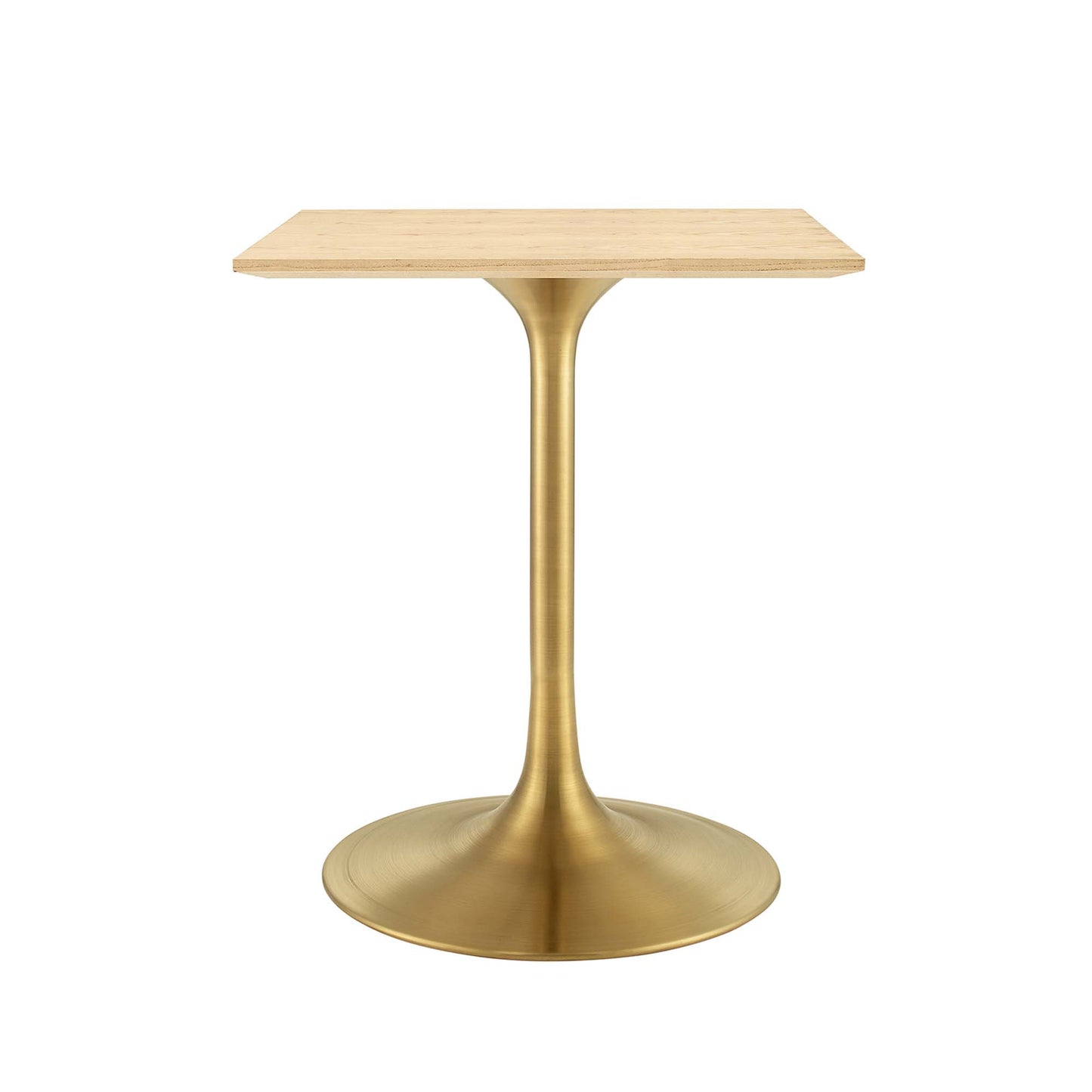 Gold-tone pedestal table with natural wood square top, tulip-style stem and round base.