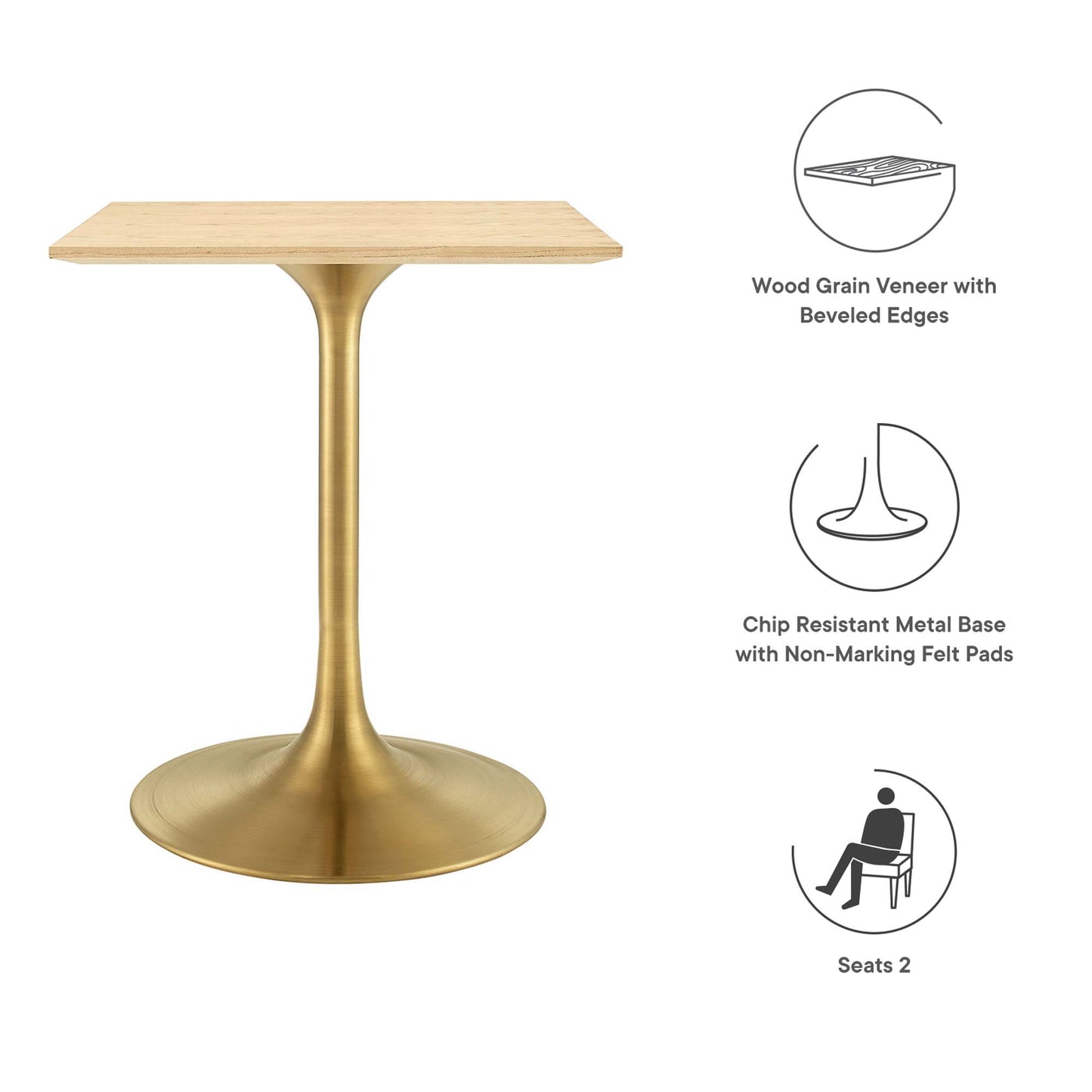 Gold-tone pedestal table with wood grain veneer rectangular top and beveled edges; seats 2.