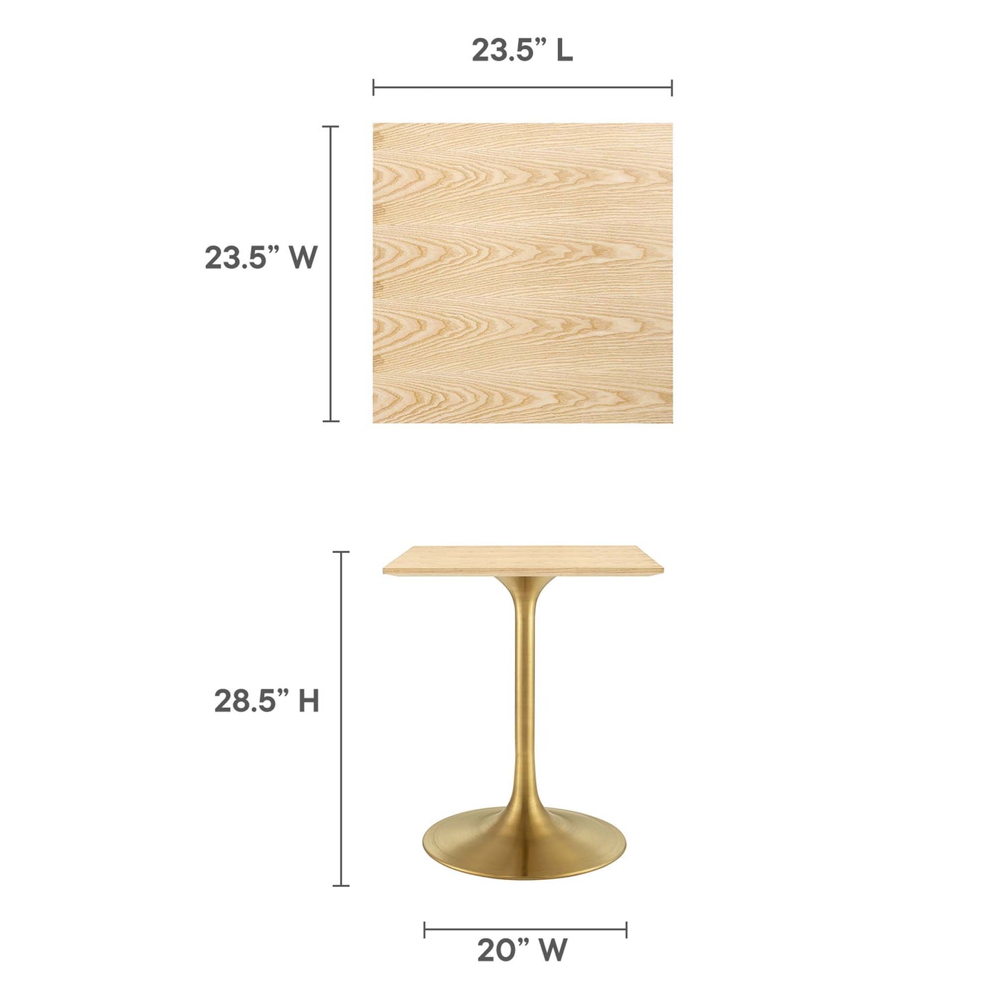 Square natural wood top on a gold brass pedestal base; mid-century modern side table, 28.5" H, 20" W.