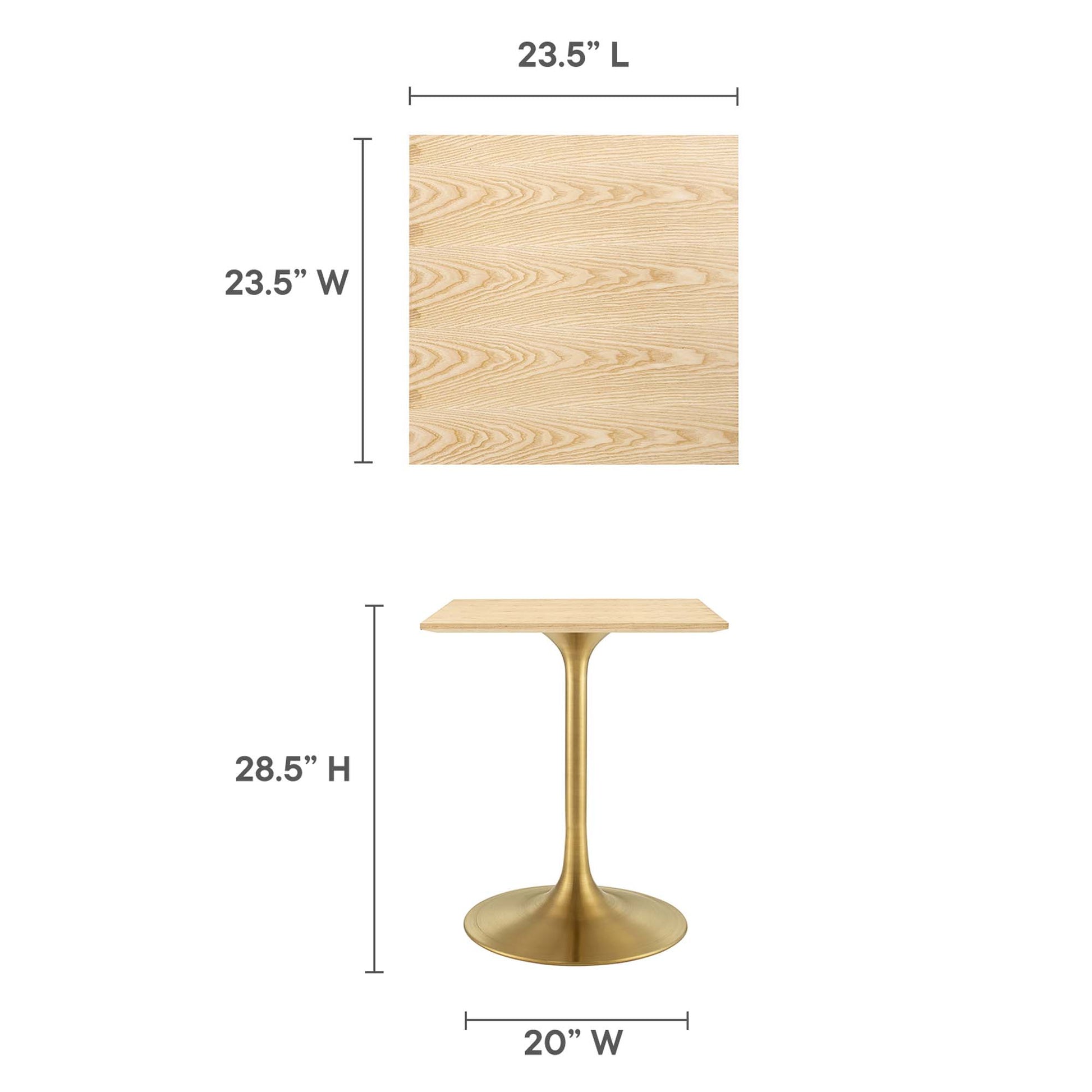 Square natural wood top on a gold brass pedestal base; mid-century modern side table, 28.5" H, 20" W.