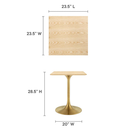 Square natural wood top on a gold brass pedestal base; mid-century modern side table, 28.5" H, 20" W.