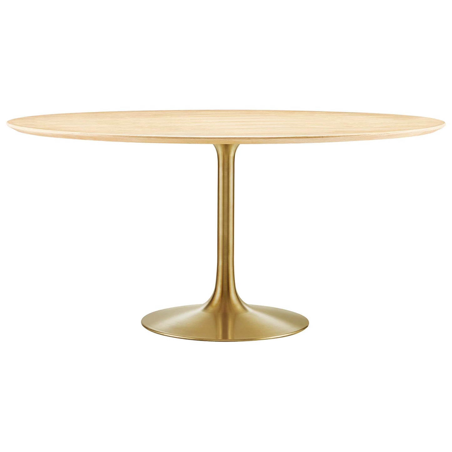 Round natural wood dining table top with a gold metal pedestal base in mid-century modern style.