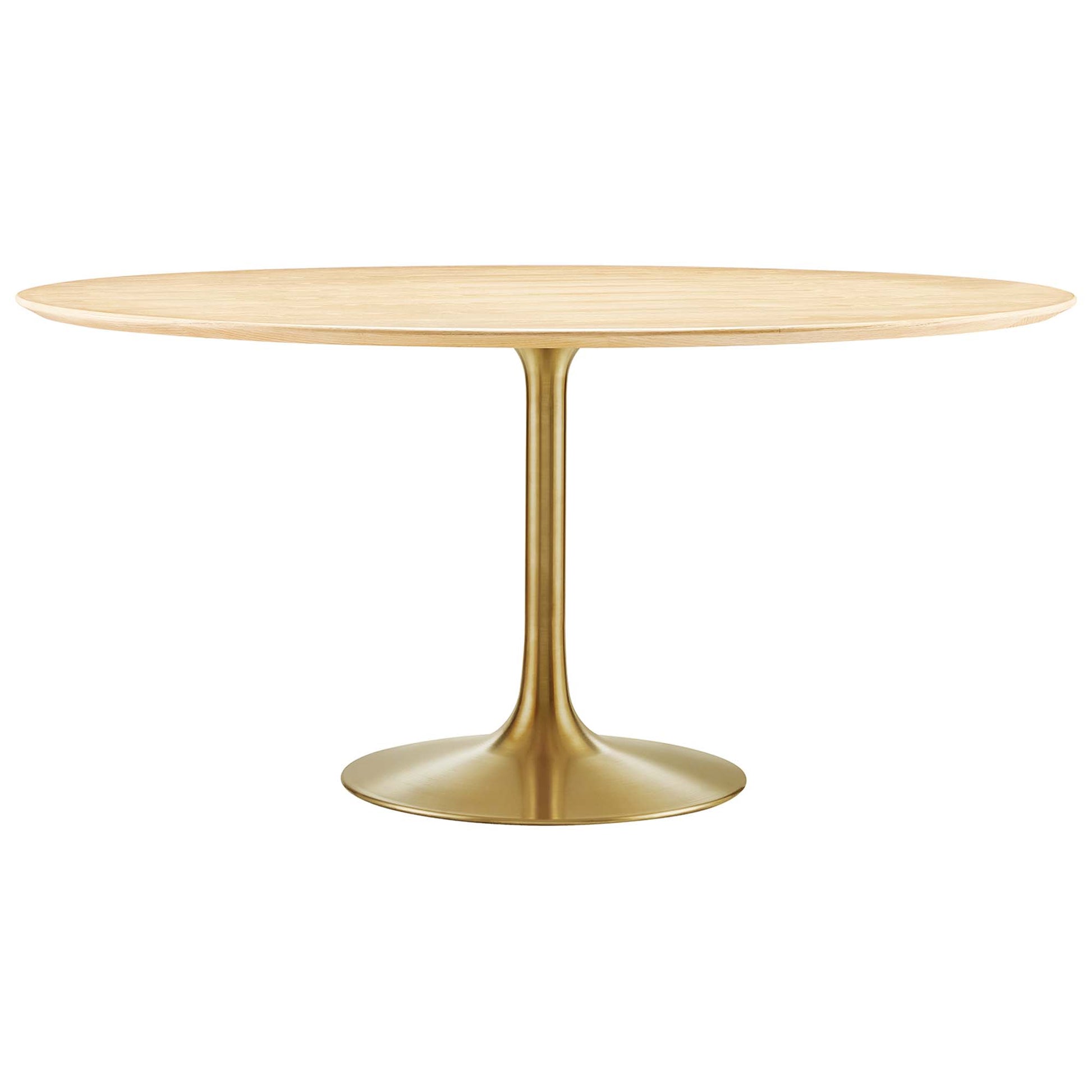 Round natural wood dining table top with a gold metal pedestal base in mid-century modern style.