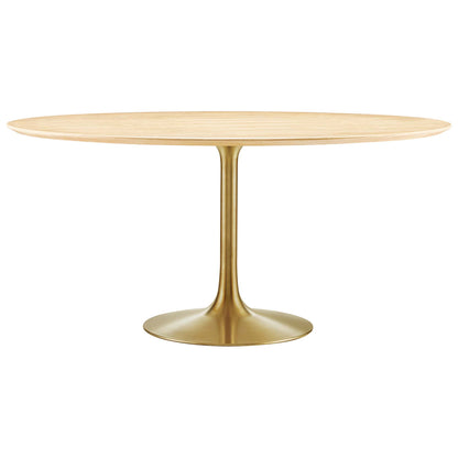 Round natural wood dining table top with a gold metal pedestal base in mid-century modern style.