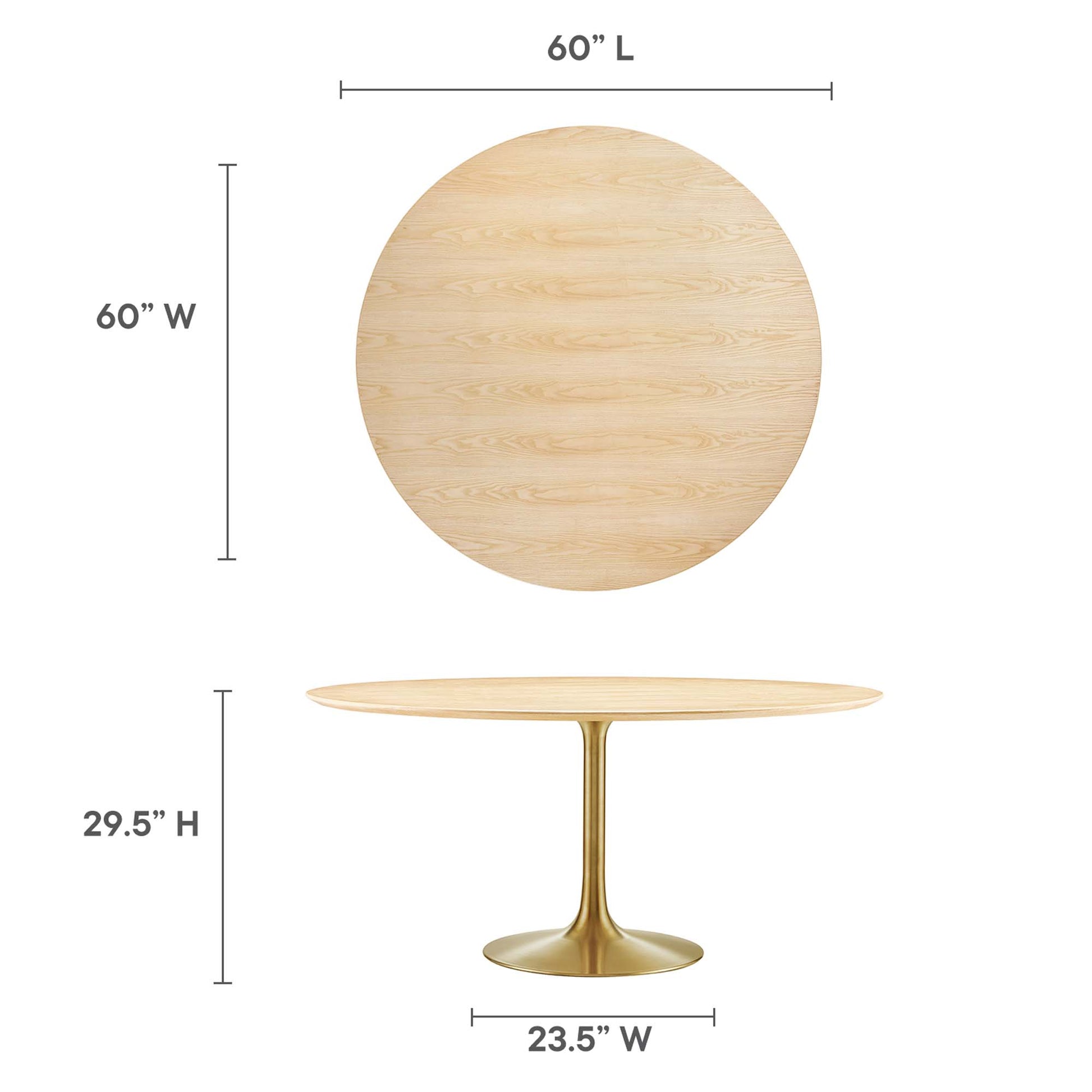 Round natural wood dining table with gold pedestal base, 60" dia, 29.5" high.