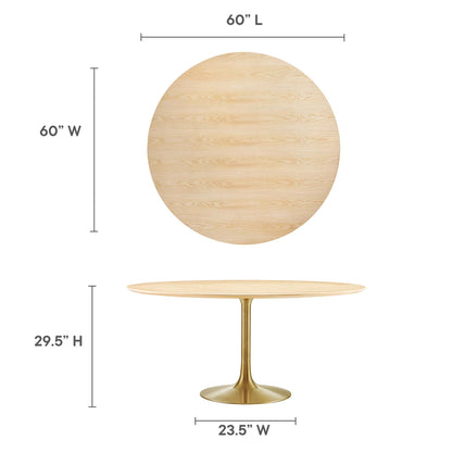Round natural wood dining table with gold pedestal base, 60" dia, 29.5" high.