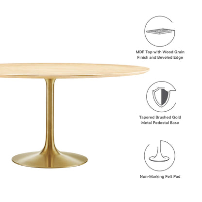 Round wood top with a wood grain finish and beveled edge on a tapered brushed gold metal pedestal base; non-marking felt pads.