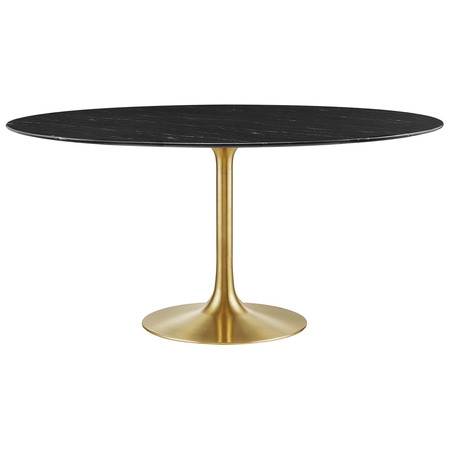 Round black tabletop on a gold pedestal stem with circular gold base; modern dining table.
