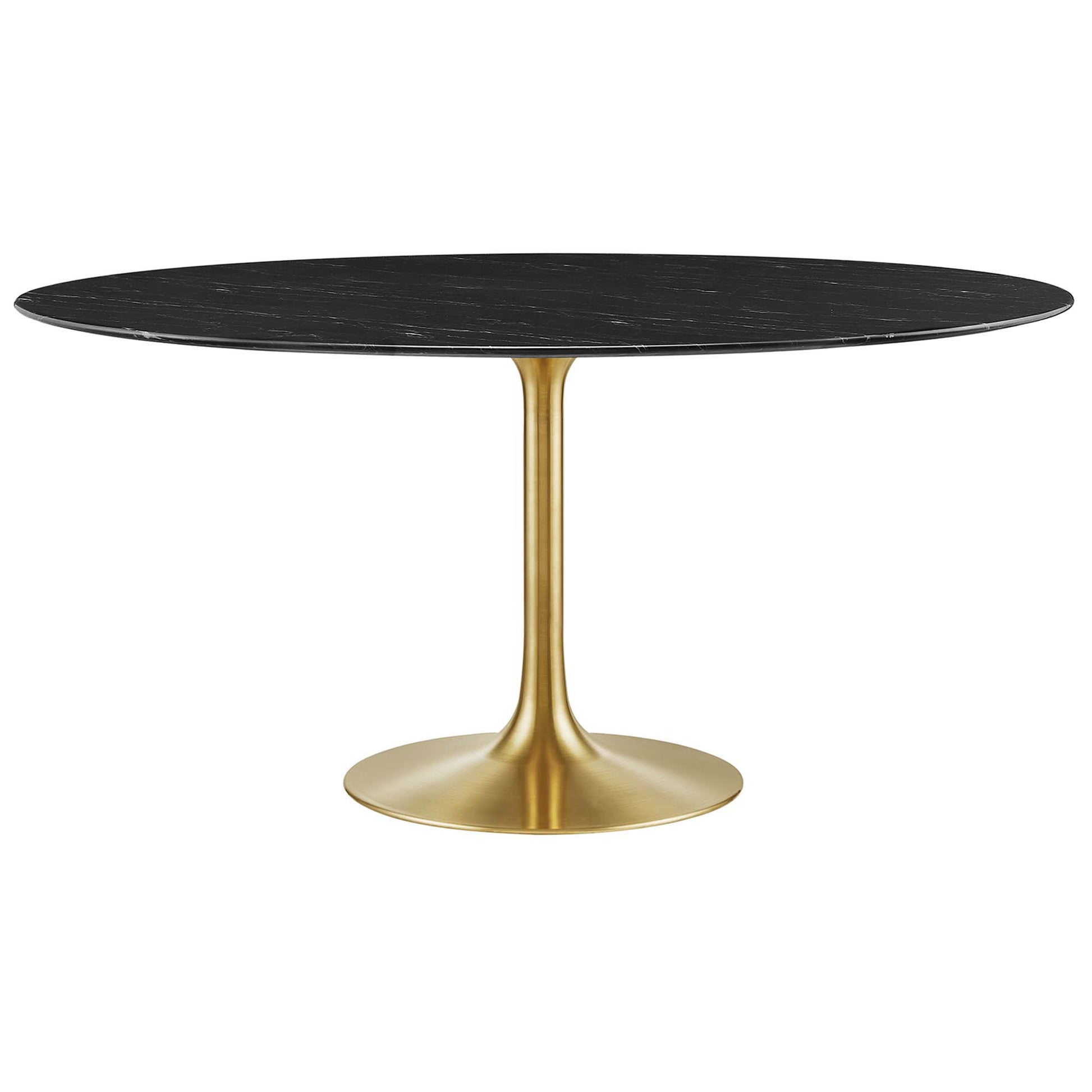 Round black tabletop on a gold pedestal stem with circular gold base; modern dining table.