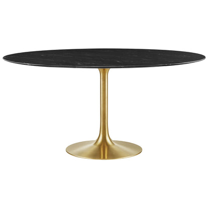 Round black tabletop on a gold pedestal stem with circular gold base; modern dining table.