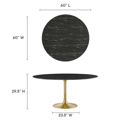 60-inch round faux black marble top on a gold pedestal base; modern glam dining table