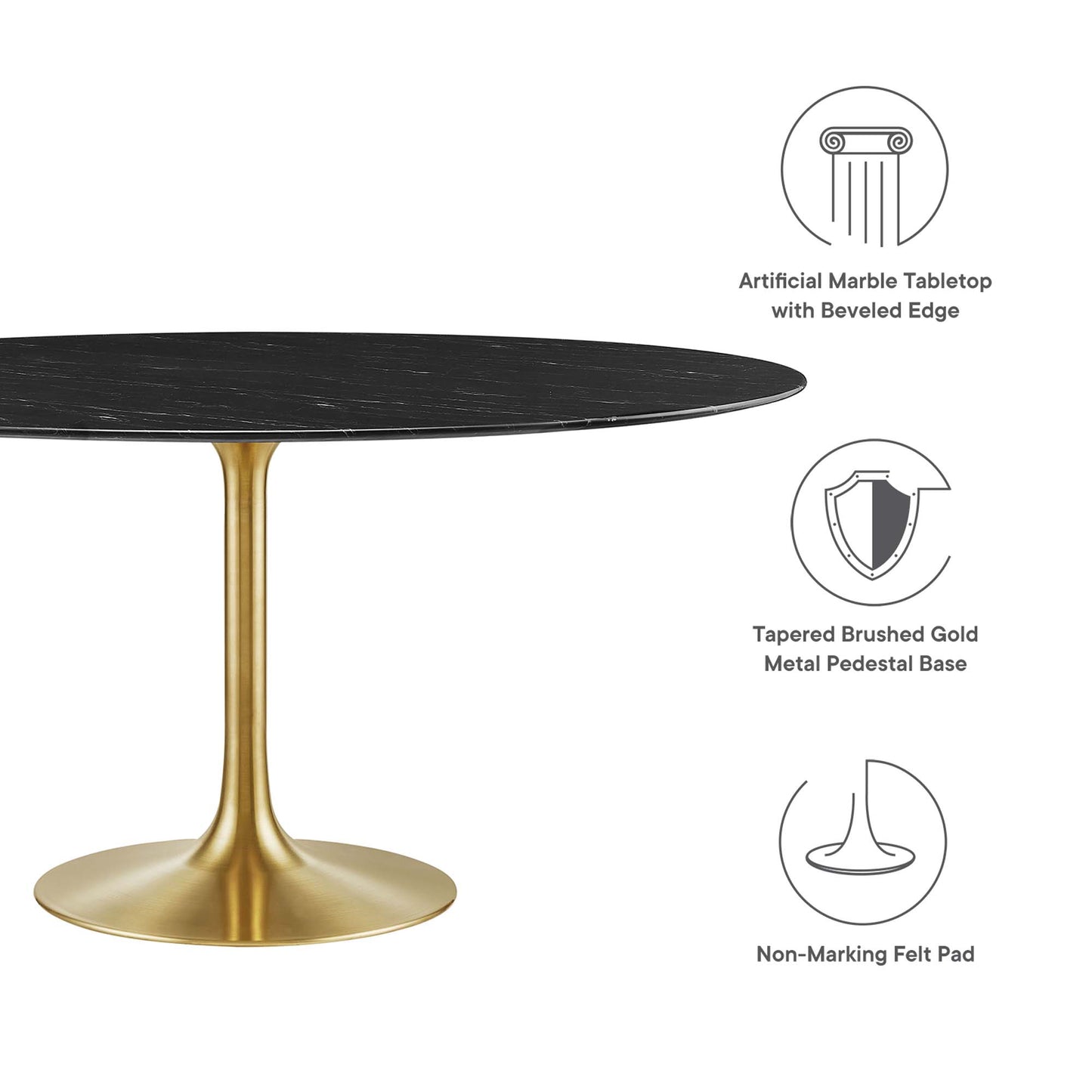 60-inch round black faux marble dining table with a beveled edge on a brushed gold pedestal base and non-marking felt pads.
