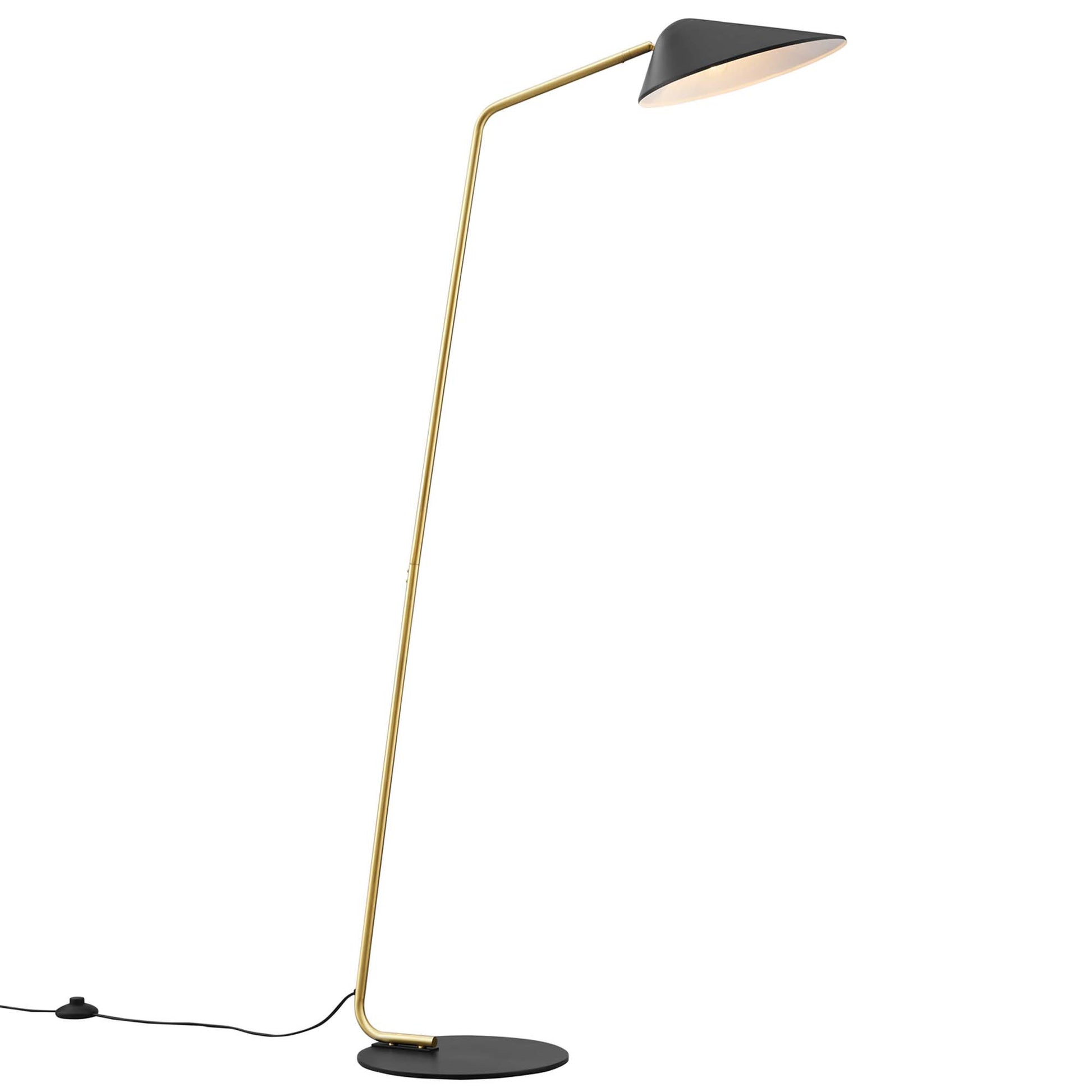 Black standing floor lamp with slender angled stem, black cone shade, round base, and visible cord.