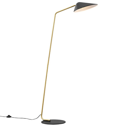 Black standing floor lamp with slender angled stem, black cone shade, round base, and visible cord.