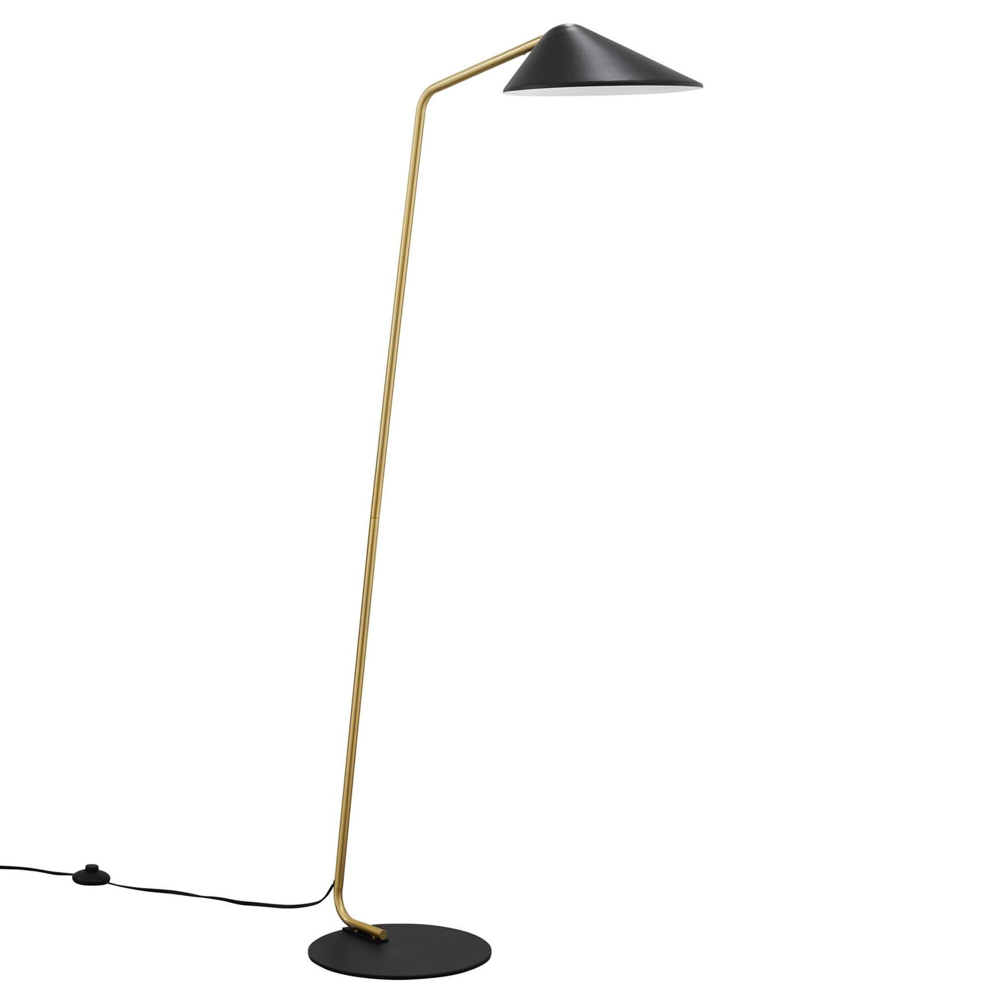 Brass arc floor lamp with black cone shade, slim curved stem, round base, and cord with switch.