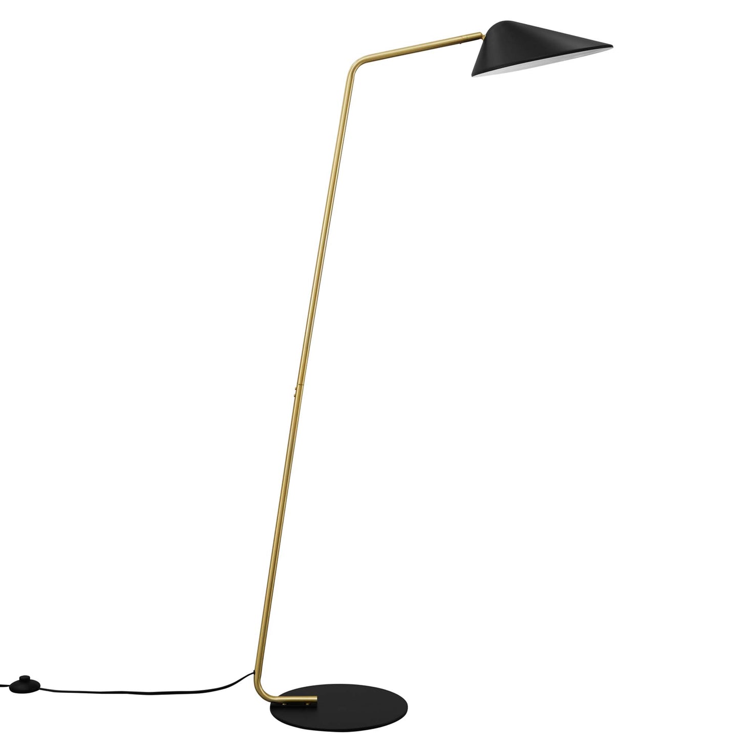 Black metal floor lamp with a slender curved stem, black conical shade, and round base; cord visible.