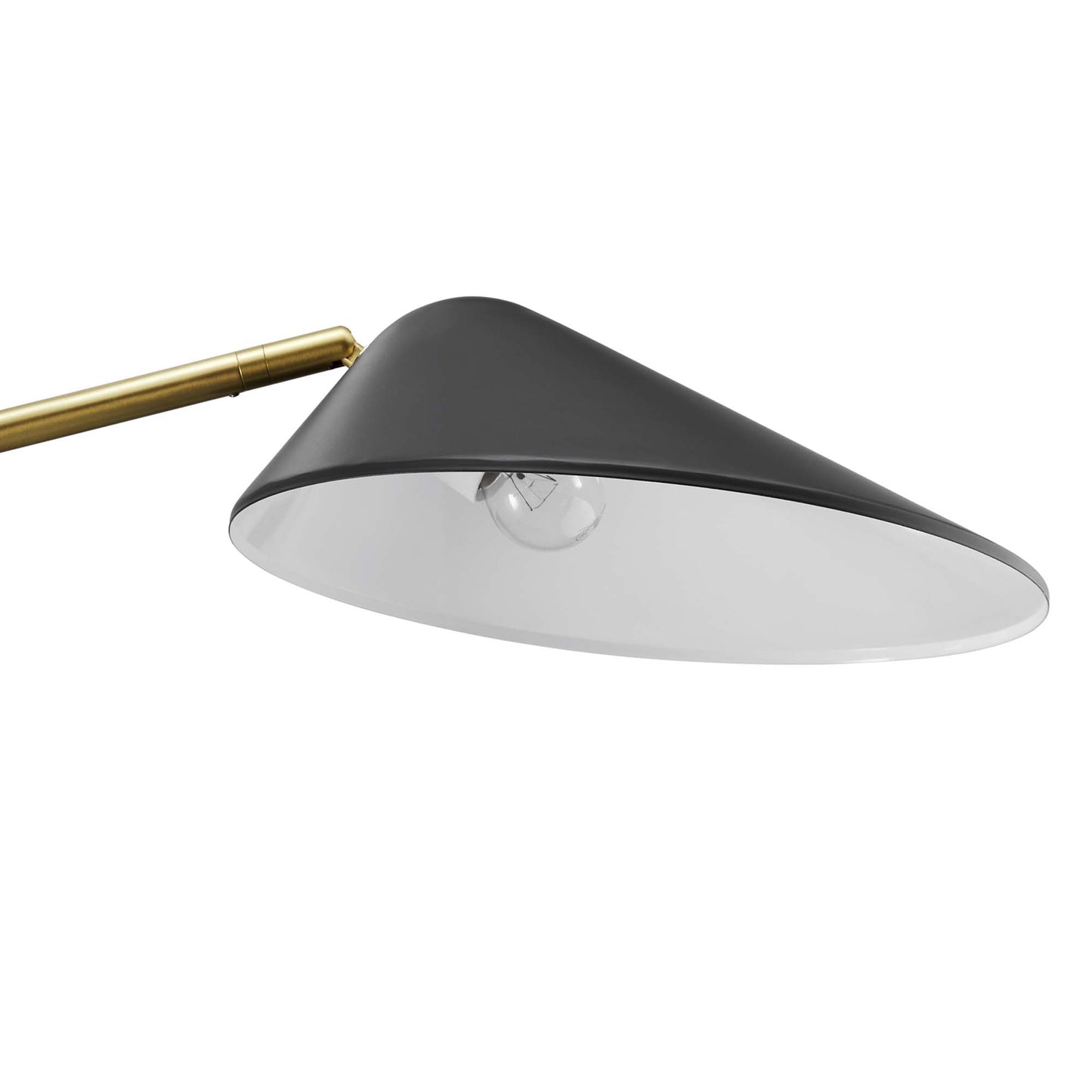 Black cone shade floor lamp with white interior & brass swing arm, modern lighting.