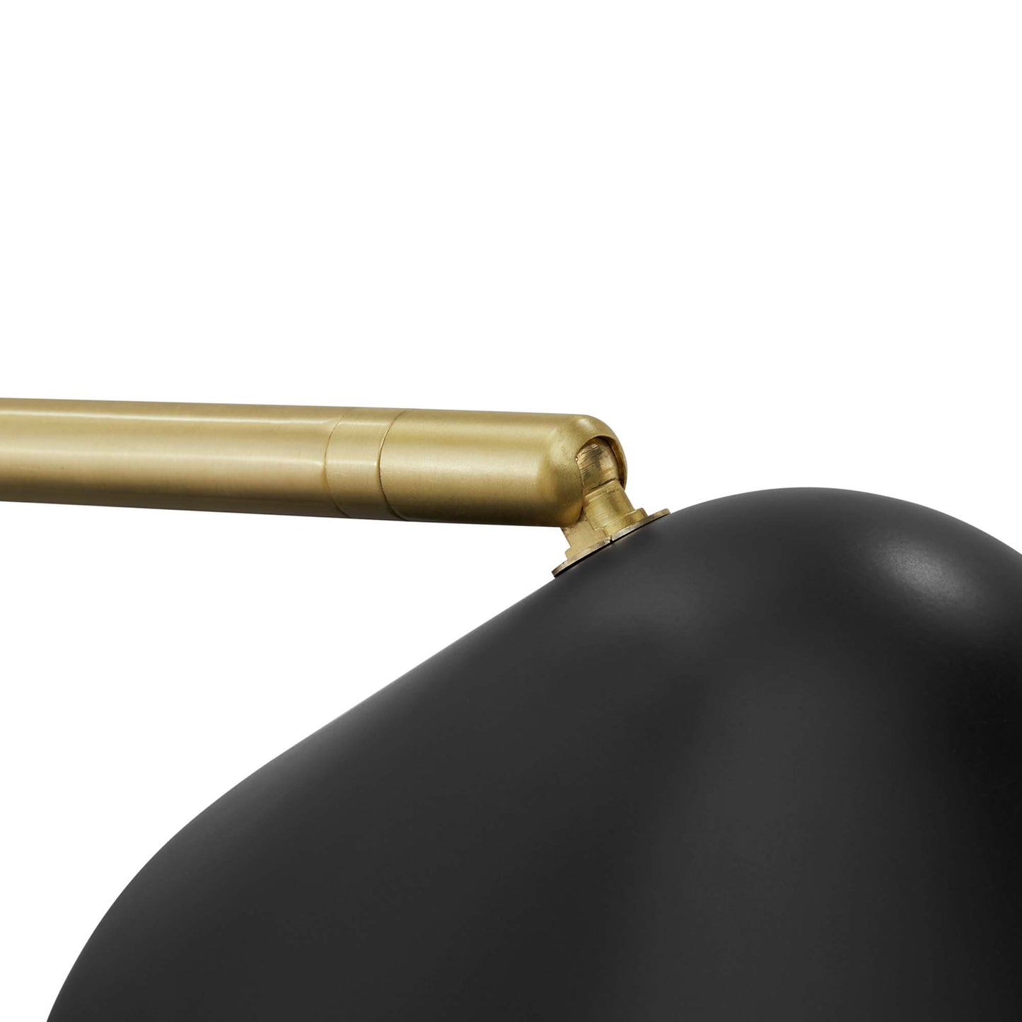 Standing floor lamp with a gold-tone adjustable arm and a matte black curved shade.