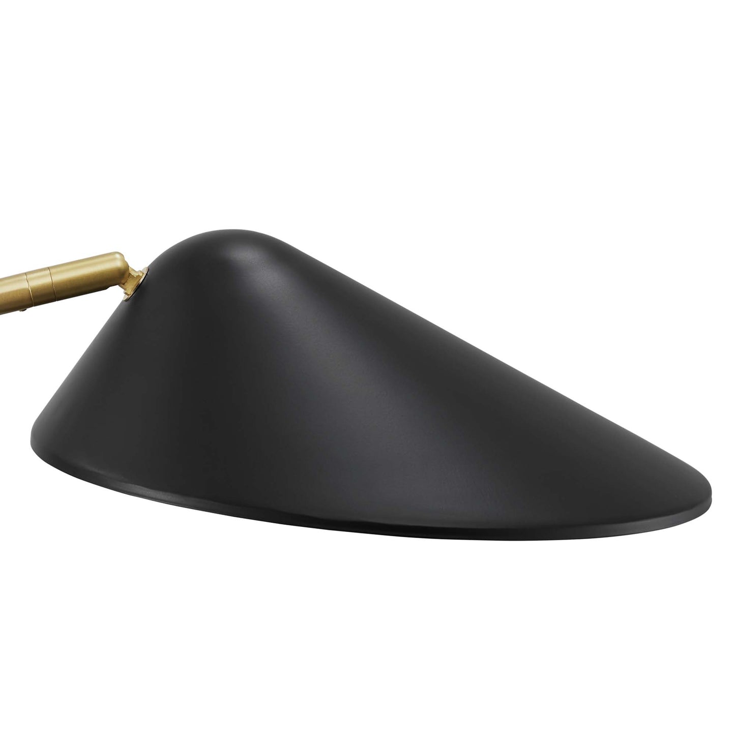 Matte black cone lampshade with a gold-tone neck on a modern standing floor lamp.