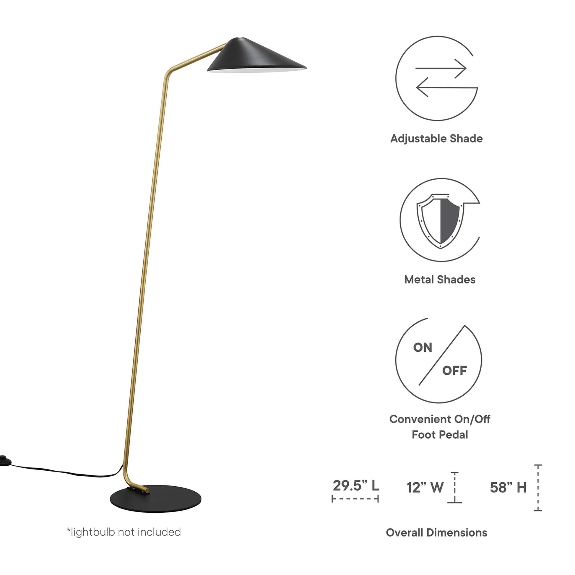 Black standing floor lamp with curved stem, black metal cone shade, and round black base; adjustable shade and foot switch.