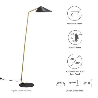Black standing floor lamp with curved stem, black metal cone shade, and round black base; adjustable shade and foot switch.