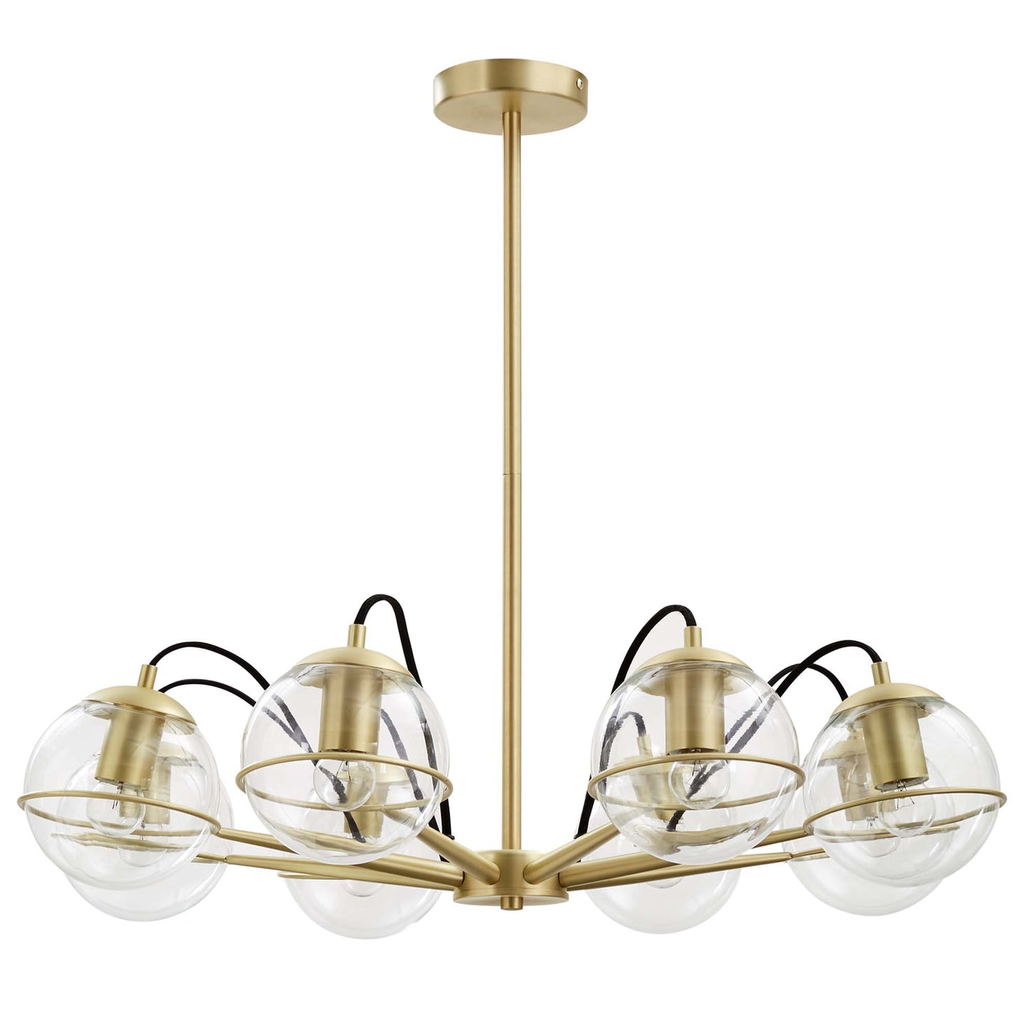 Gold brass chandelier with five clear glass globes on a central stem, contemporary industrial ceiling fixture.