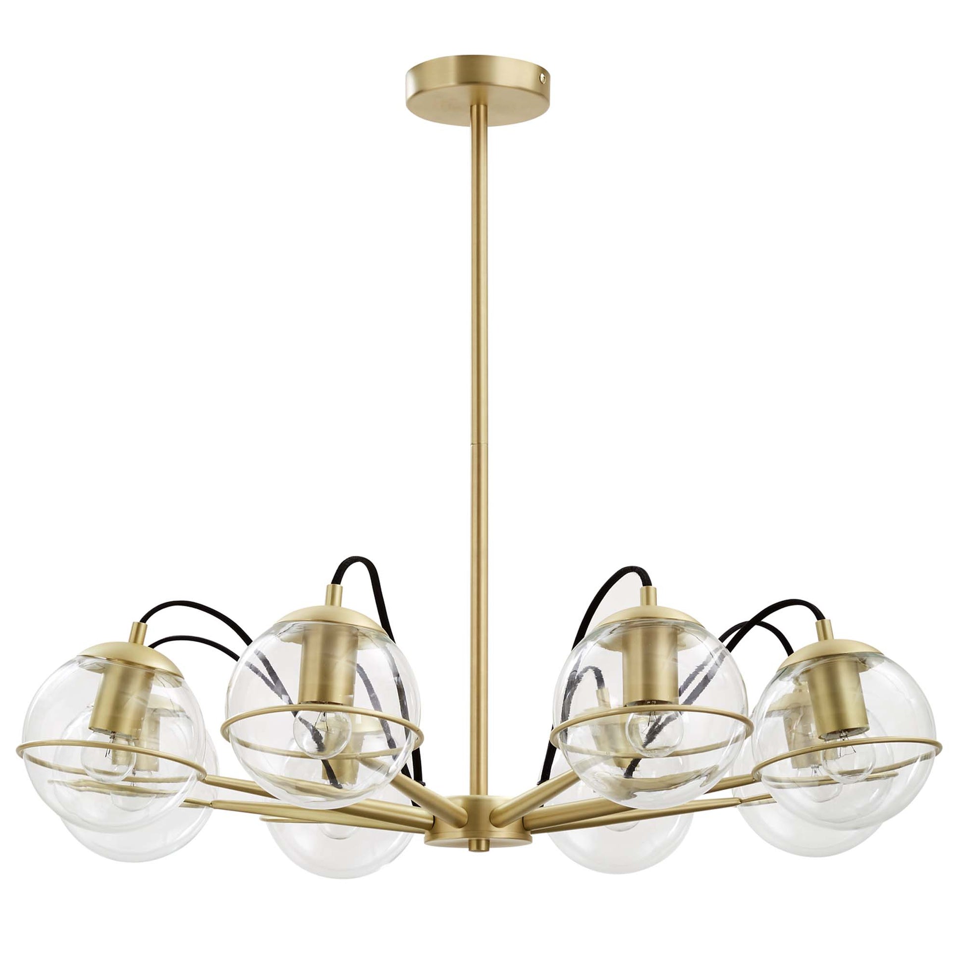 Gold brass chandelier with five clear glass globes on a central stem, contemporary industrial ceiling fixture.