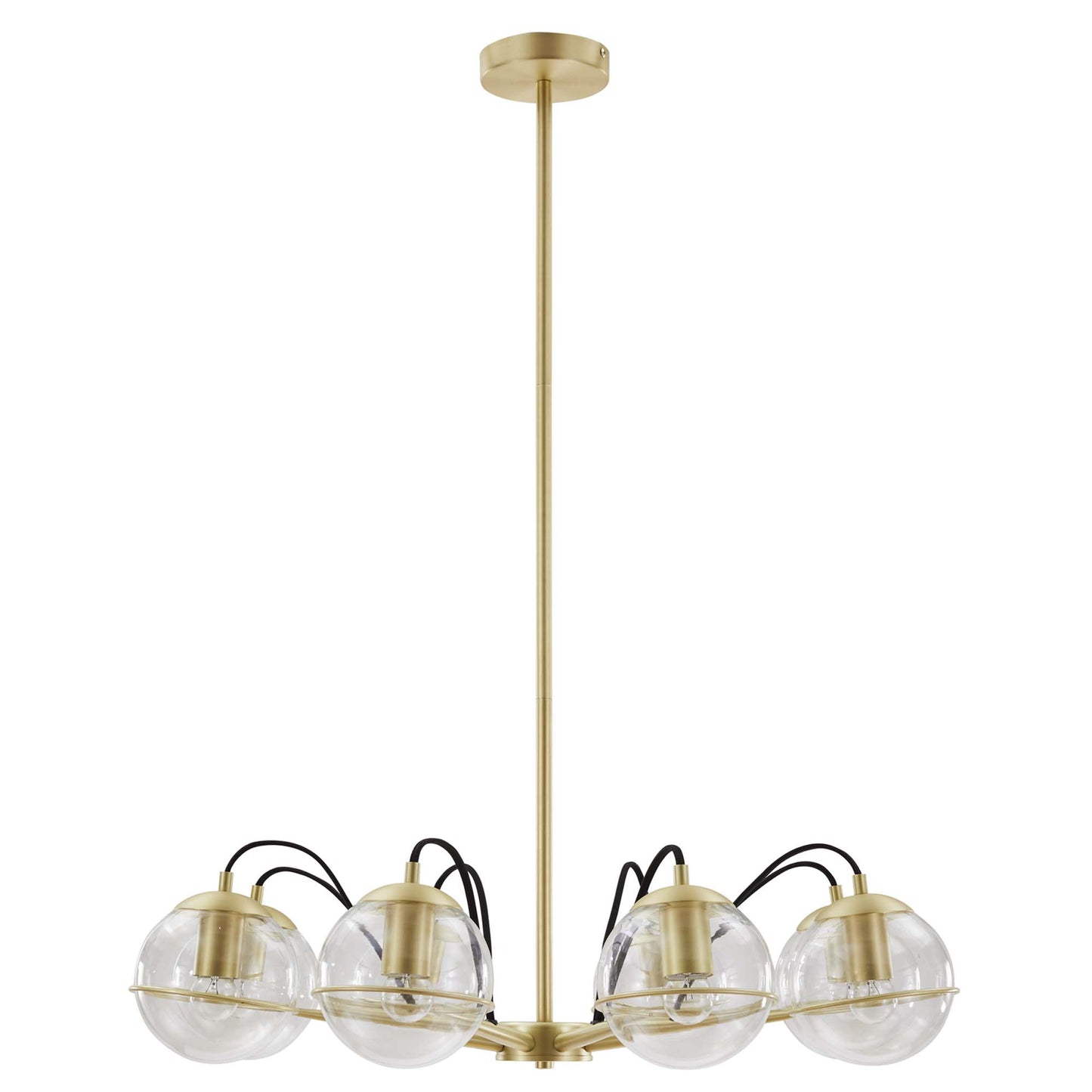 Gold-tone ceiling pendant chandelier with five clear glass globes on brass arms.