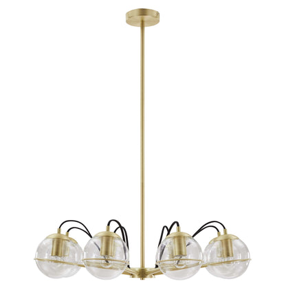 Gold-tone ceiling pendant chandelier with five clear glass globes on brass arms.