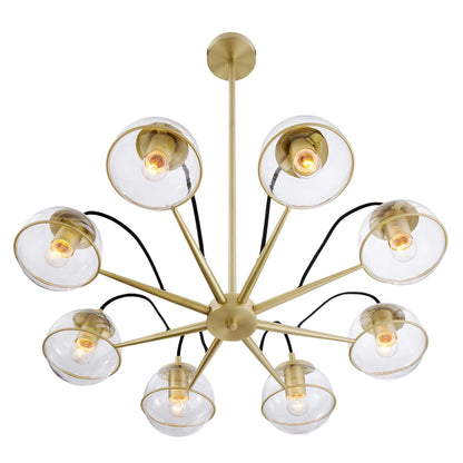 Gold-finish Sputnik chandelier with clear glass globe shades and exposed bulbs, ceiling mount.