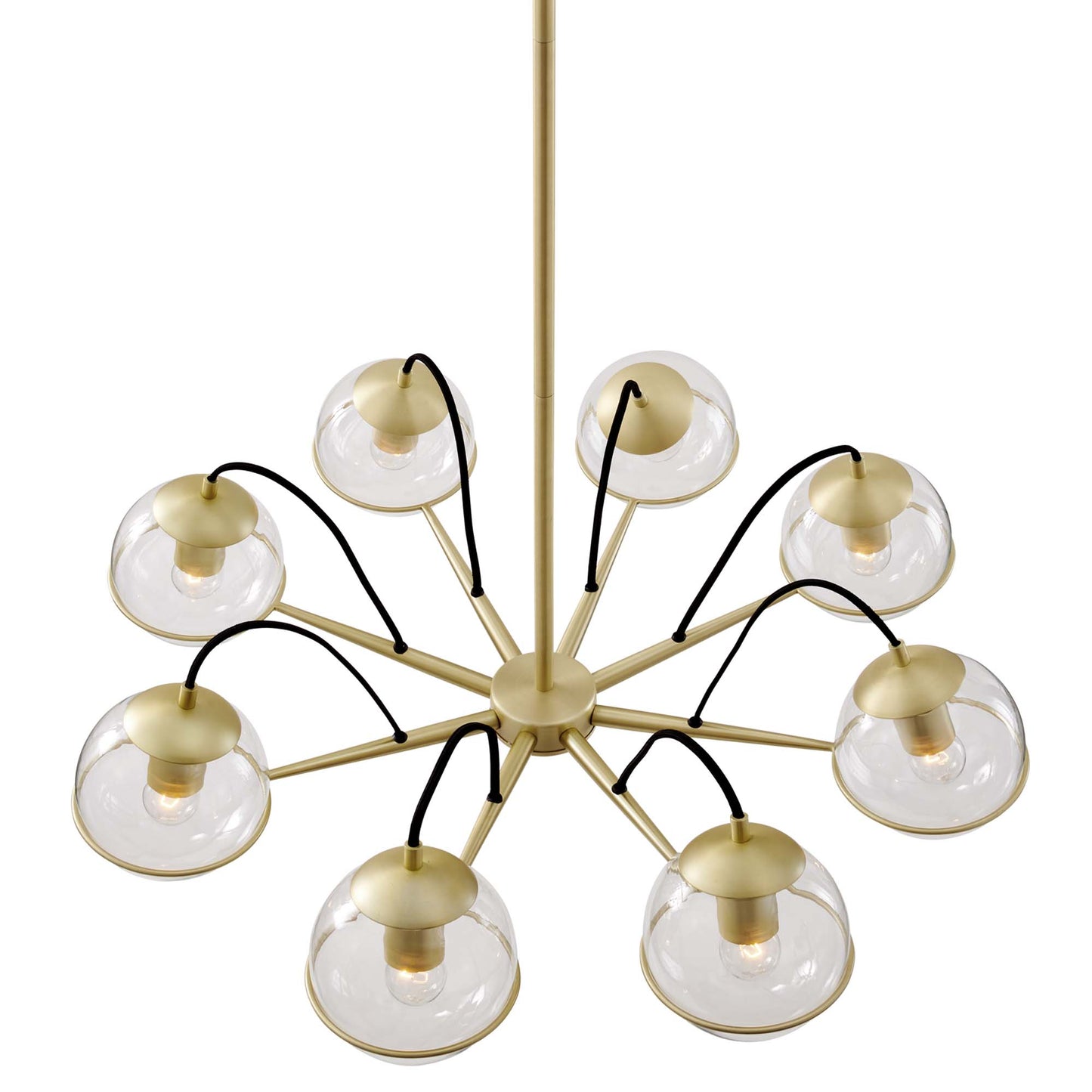 Gold sputnik chandelier with clear glass globe shades on radiating arms, ceiling rod, modern mid-century style.