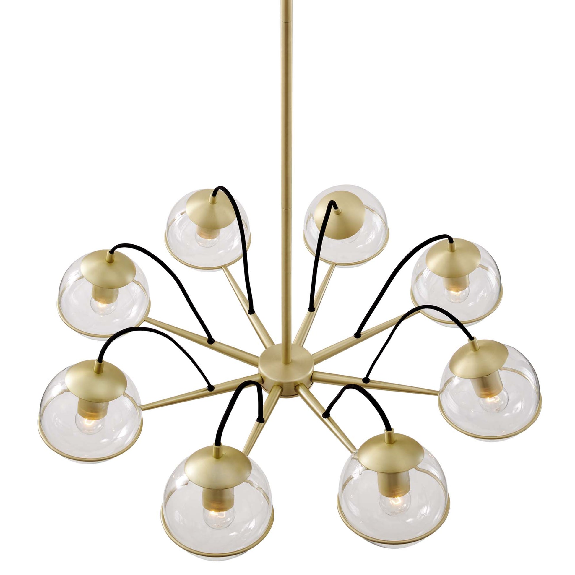 Gold sputnik chandelier with clear glass globe shades on radiating arms, ceiling rod, modern mid-century style.