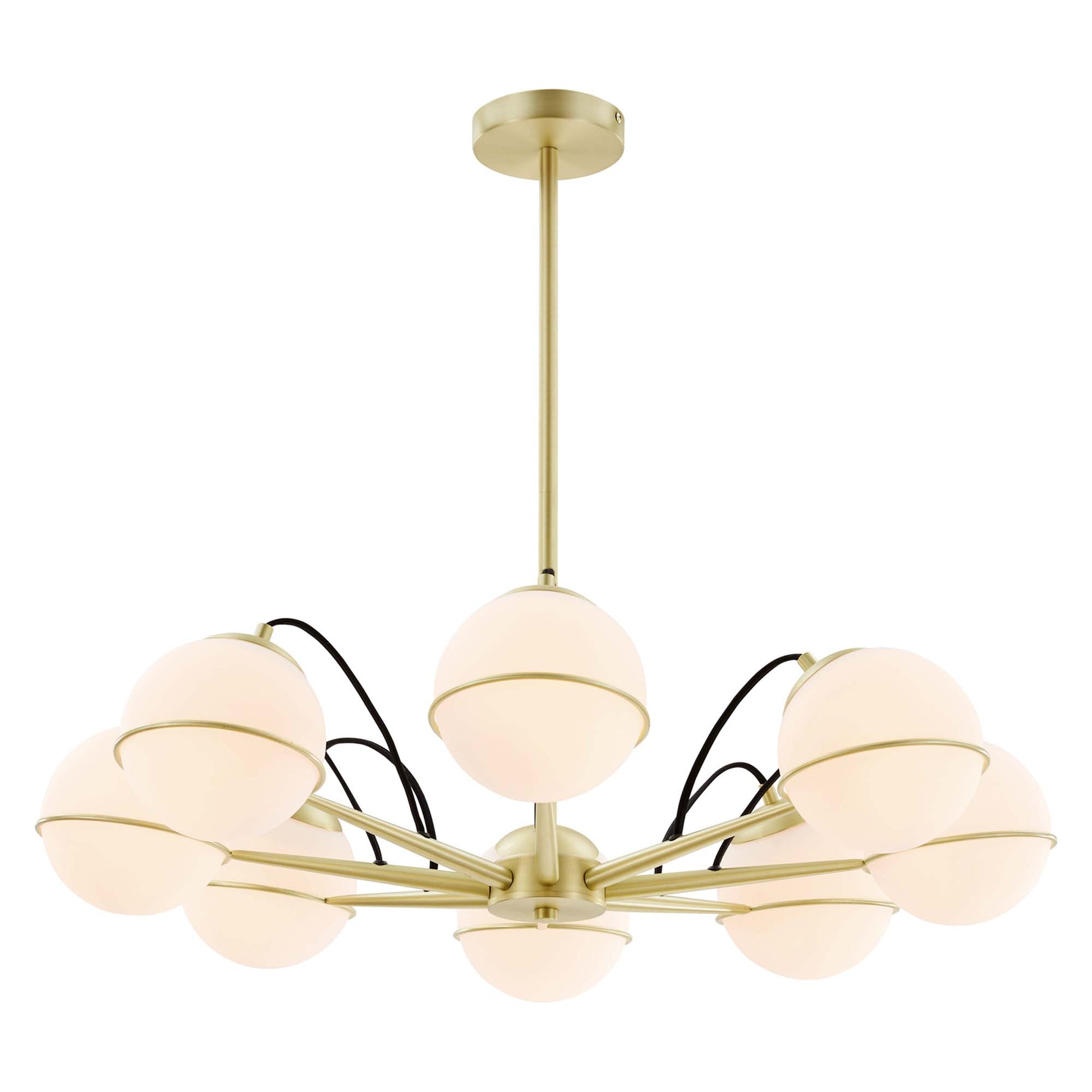 Opal Gold chandelier with eight opal frosted glass globes on curved arms & ceiling mount.