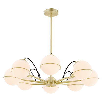 Opal Gold chandelier with eight opal frosted glass globes on curved arms & ceiling mount.