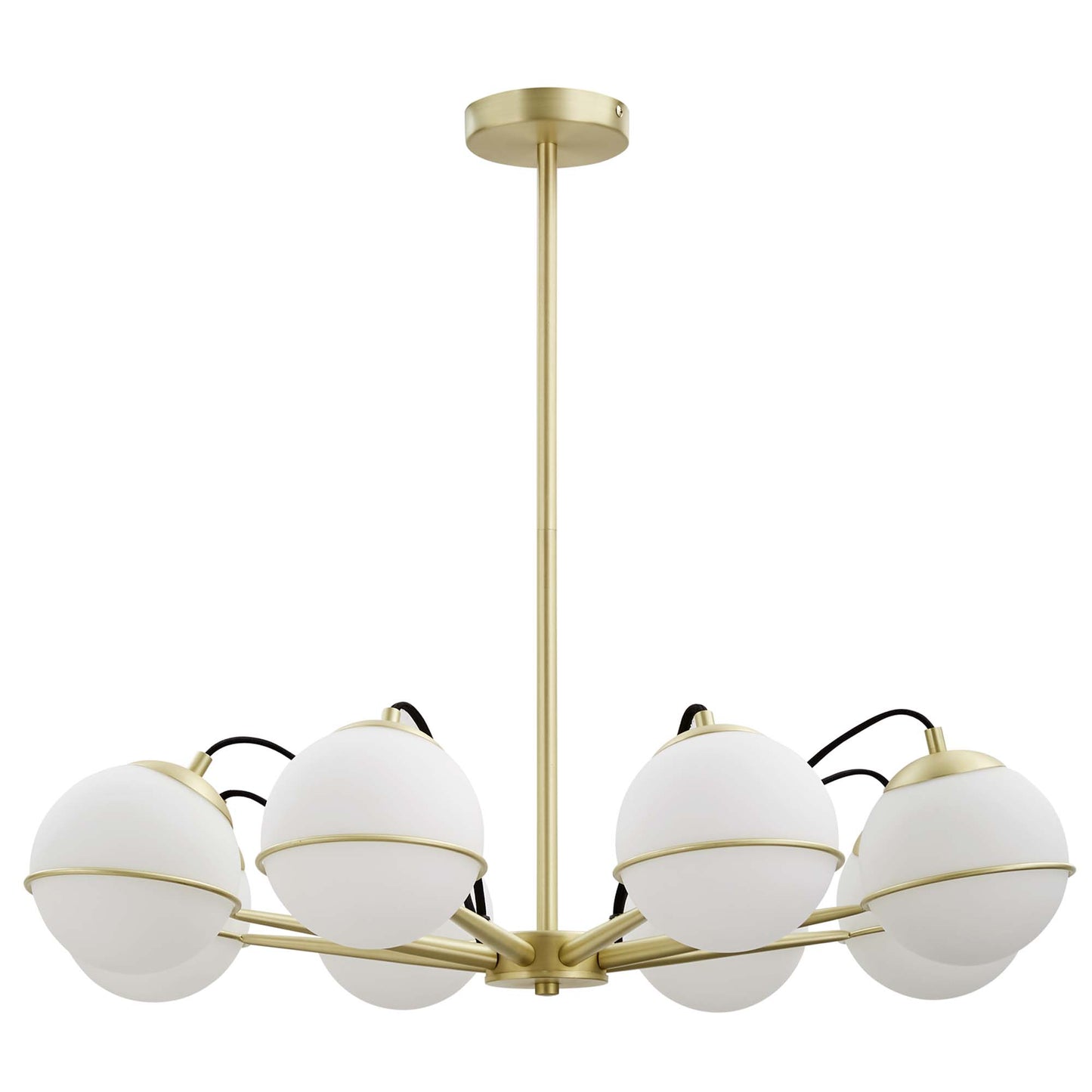 Gold brass ceiling chandelier with frosted glass globes on curved arms around a central hub.