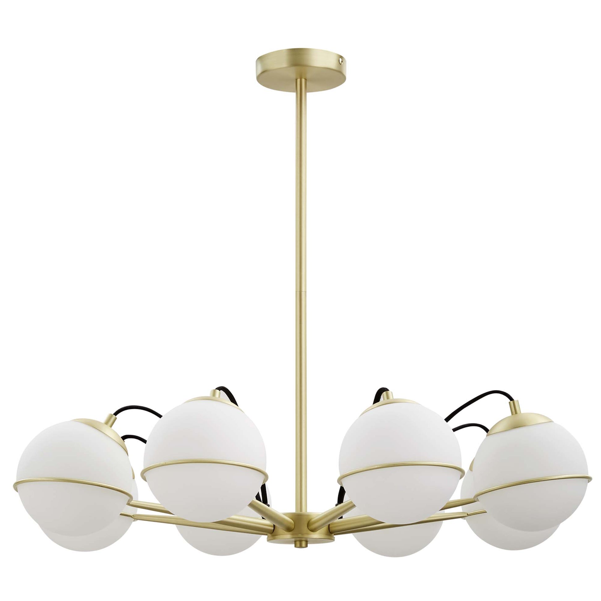 Gold brass ceiling chandelier with frosted glass globes on curved arms around a central hub.