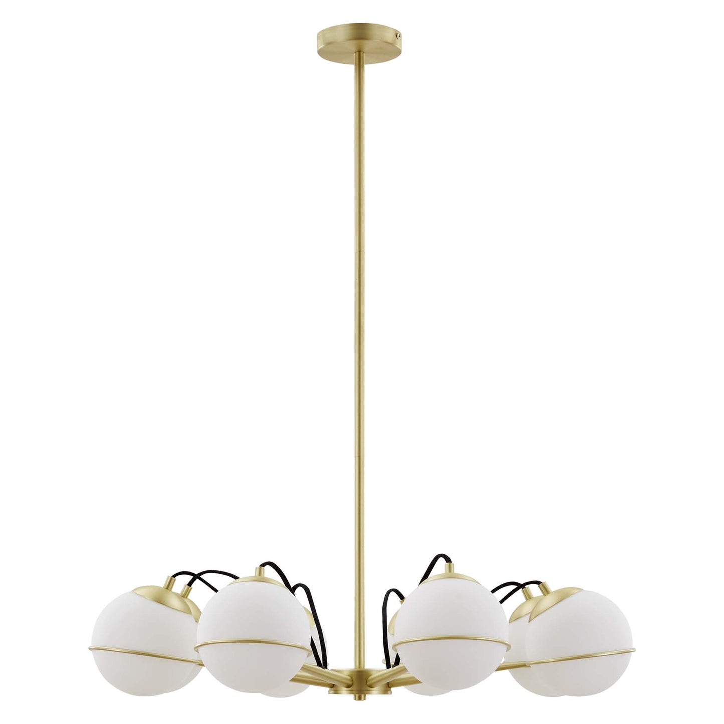 Gold-finish pendant chandelier with six white frosted glass globes around a central hub on a tall stem.