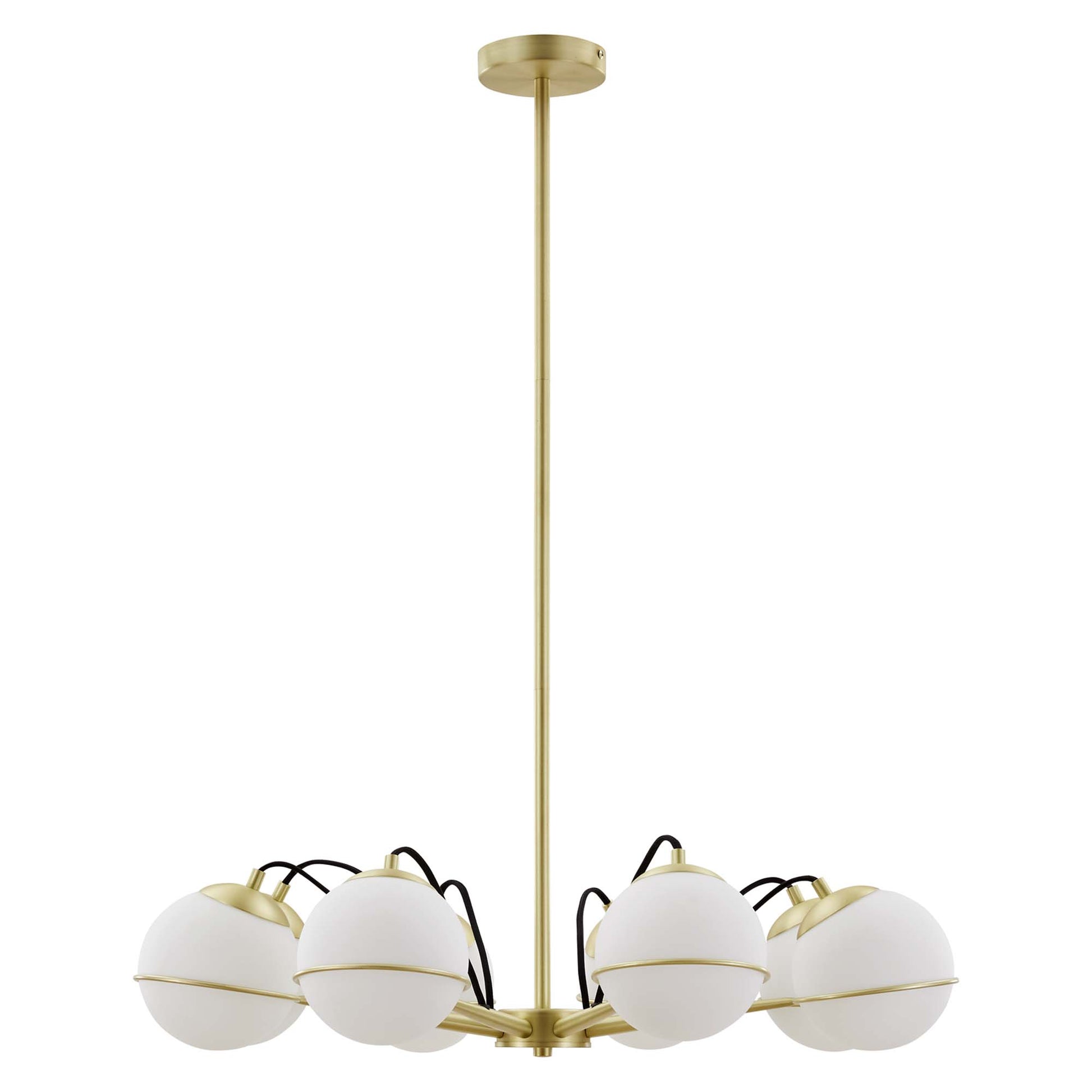 Gold-finish pendant chandelier with six white frosted glass globes around a central hub on a tall stem.