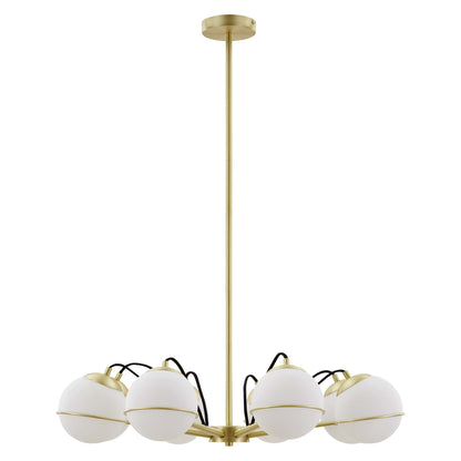 Gold-finish pendant chandelier with six white frosted glass globes around a central hub on a tall stem.