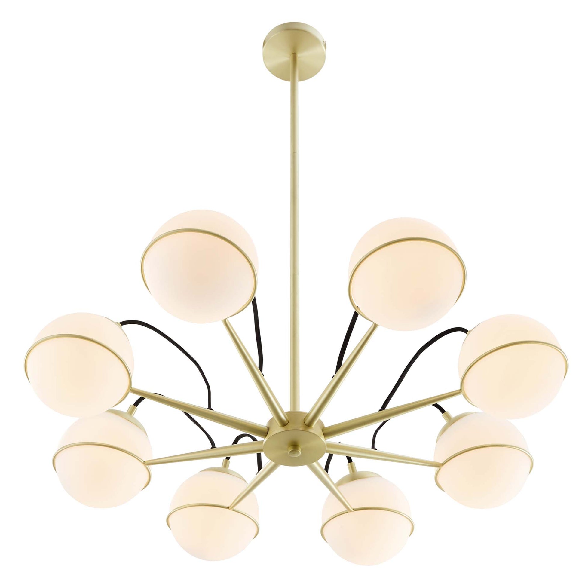Gold Sputnik-style chandelier with opal glass globes on slender arms, ceiling mount included.
