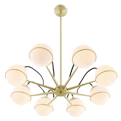 Gold Sputnik-style chandelier with opal glass globes on slender arms, ceiling mount included.