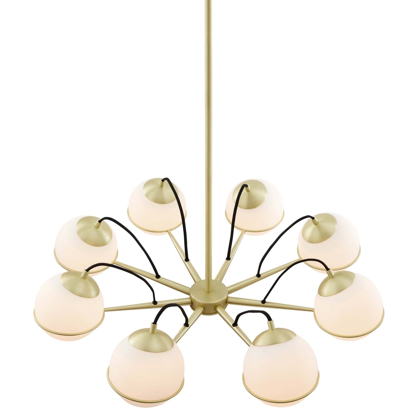 Gold mid-century chandelier with frosted glass globe shades on radiating arms, pendant light.
