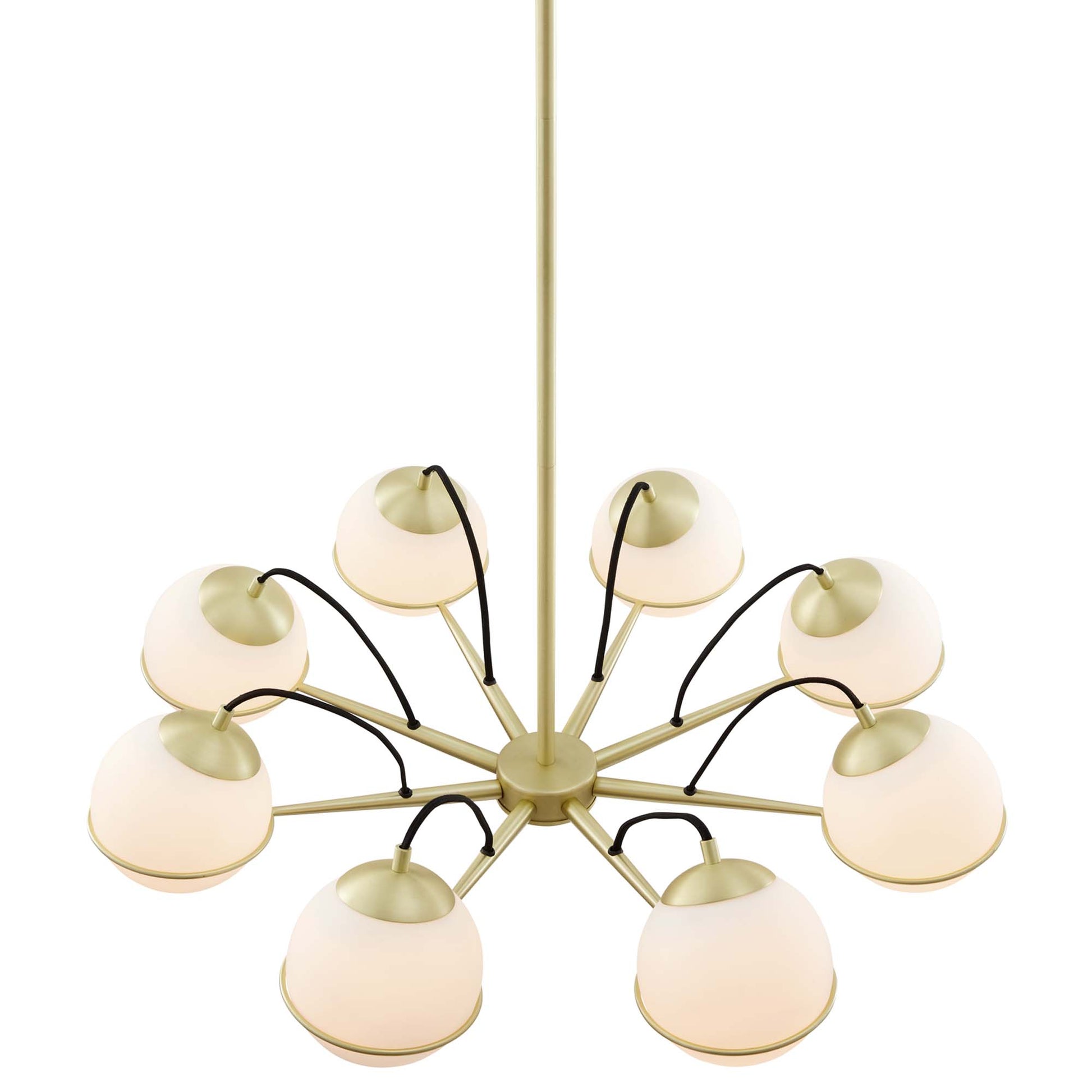 Gold mid-century chandelier with frosted glass globe shades on radiating arms, pendant light.